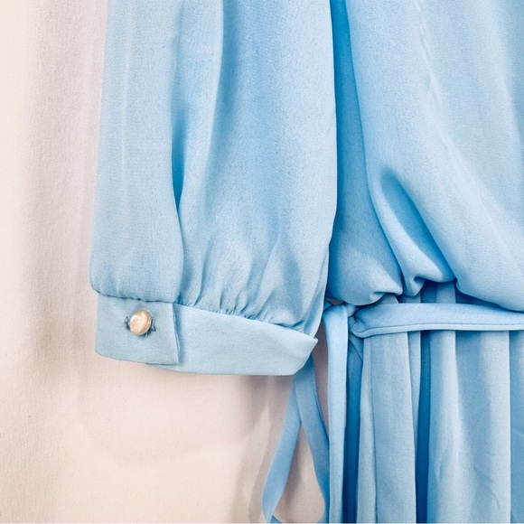 Vintage 70s Lady Carol 12 Blue Lightweight Sheer Blouson Midi Dress 3/4 Sleeve - Picture 5 of 10